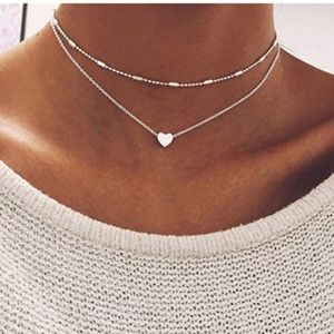 Silver Heart Layered Choker Necklace